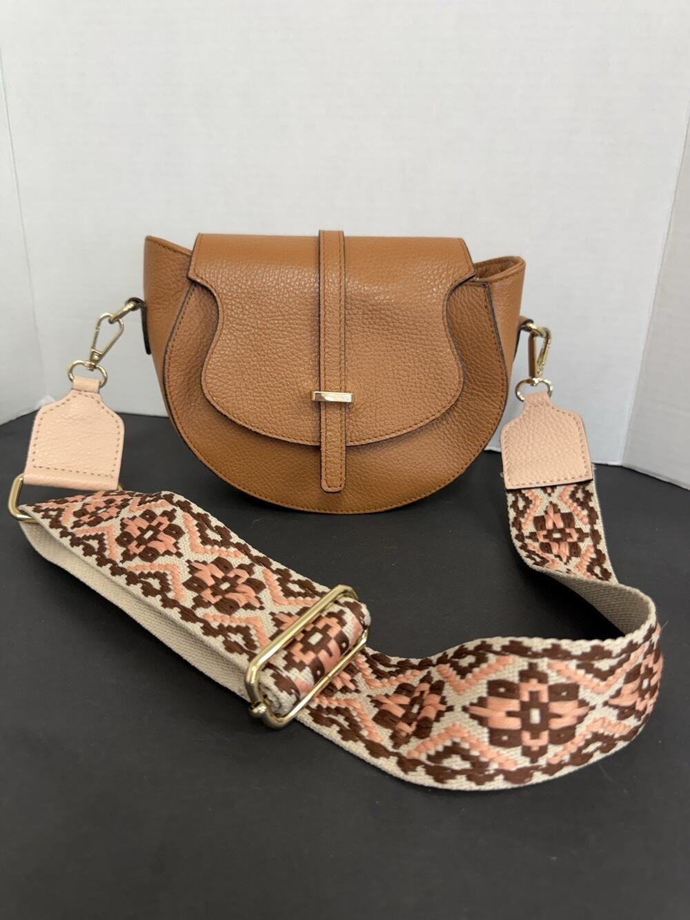 Made in Italy Genuine Leather Saddle Bag Cognac Boho Embroidered Strap Purse